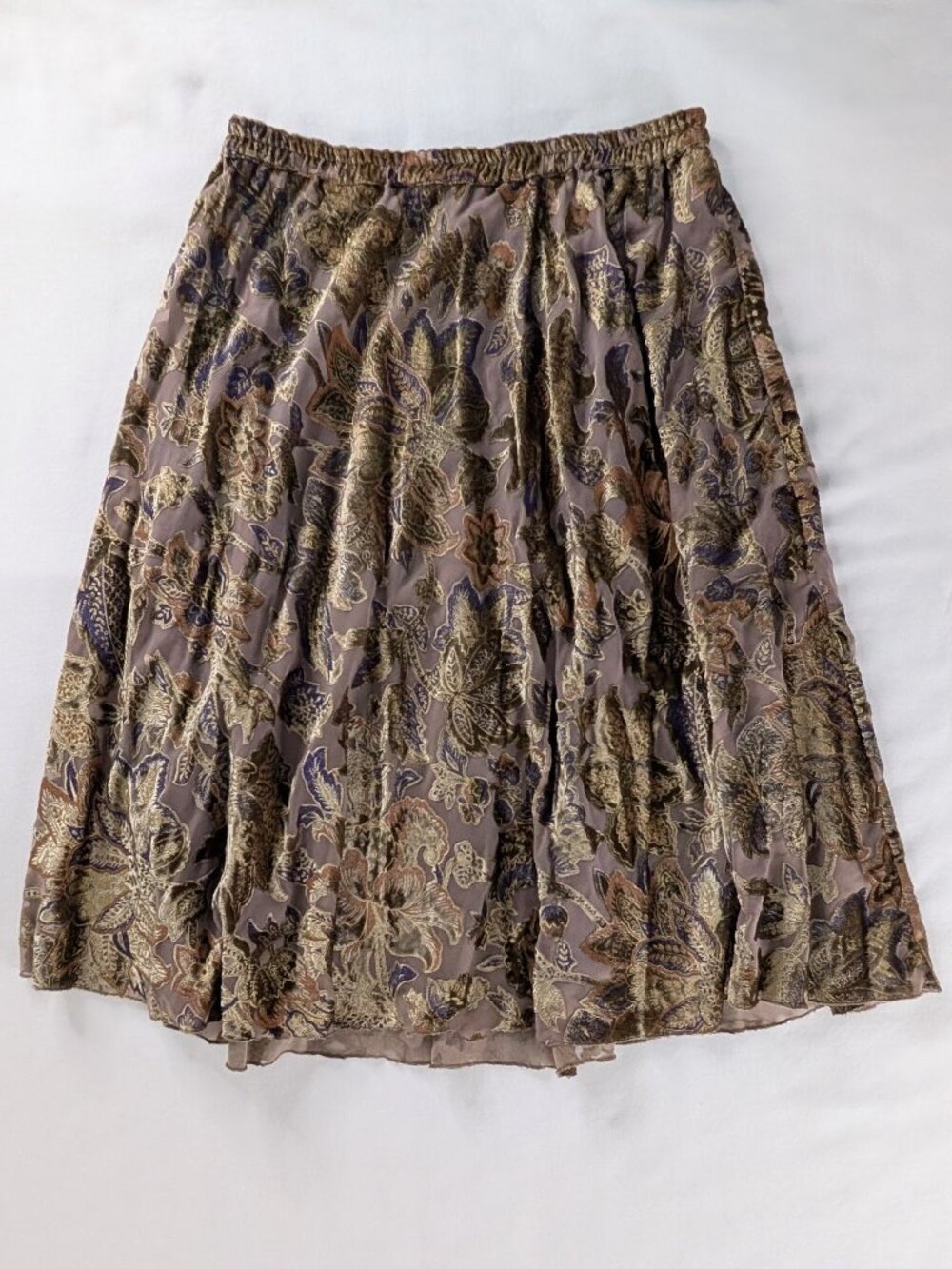 Y2k Gold Blue Purple Flowy Stretch Waist Ornate Metallic Velvet Midi Skirt